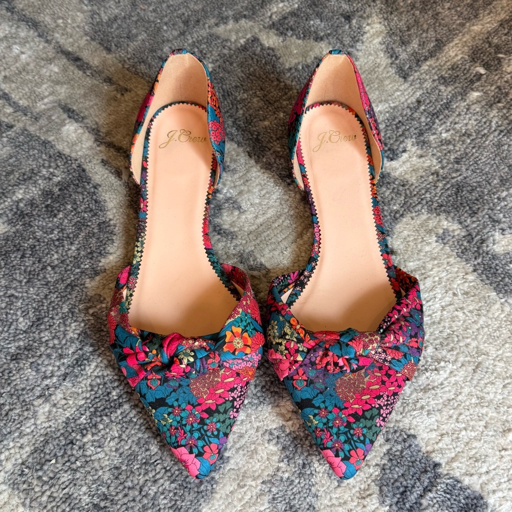 J. Crew Floral Pointed Toe D'Orsay Flats in Teal and Pink